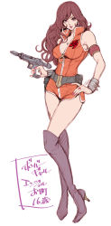 Rule 34 | 1girl, angel omachi, belt, boots, breasts, brown hair, cleavage, full body, ginga senpuu braiger, grey eyes, gun, hand on own hip, high heel boots, high heels, holding, holding gun, holding weapon, holster, jewelry, long hair, looking at viewer, machiko valencia, nail polish, red nails, ring, simple background, smile, solo, tabe koji, thigh boots, thighhighs, weapon, white background