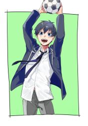 Rule 34 | 1boy, arms up, ball, black hair, black jacket, blazer, blue eyes, blue lock, blue tkse, border, collared shirt, commentary request, cowboy shot, green background, grey pants, highres, holding, holding ball, isagi yoichi, jacket, long sleeves, looking at viewer, male focus, necktie, open clothes, open jacket, open mouth, outside border, pants, school uniform, shirt, short hair, simple background, smile, soccer ball, solo, standing, striped necktie, white border, white shirt