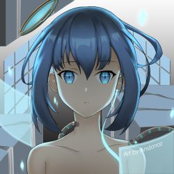 Rule 34 | 1girl, absurdres, andonoz, android, artist name, blue eyes, blue hair, cable, close-up, closed mouth, hair between eyes, halo, highres, looking at viewer, mechanical halo, original, out-of-frame censoring, science fiction, short hair, solo, topless