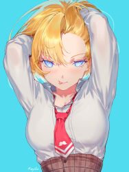 Rule 34 | :p, absurdres, aqua background, blonde hair, blue eyes, blush, bob cut, breasts, brown skirt, collared shirt, dress shirt, glowing, glowing eyes, hands on own head, high-waist skirt, highres, hololive, hololive english, large breasts, looking at viewer, loose necktie, necktie, plaid, plaid skirt, rayillu, red necktie, shirt, short hair, short necktie, simple background, skirt, straight-on, tongue, tongue out, upper body, virtual youtuber, watson amelia, white shirt