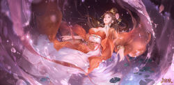 Rule 34 | 1girl, bead bracelet, beads, bracelet, breasts, brown hair, chinese clothes, dress, falling, flower, full body, hair bun, hair flower, hair ornament, highres, jacket, jewelry, lily pad, long hair, medium breasts, necklace, original, red dress, red jacket, sad, sash, solo, stluthien lululu, water