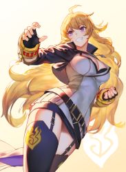 Rule 34 | 1girl, ahoge, belt, blonde hair, boots, breasts, cleavage, clenched hand, commentary, ember celica (rwby), fingerless gloves, garter straps, gloves, grin, izumi sai, jewelry, large breasts, long hair, miniskirt, open hand, pendant, purple eyes, rwby, simple background, smile, solo, thighhighs, very long hair, weapon, yang xiao long