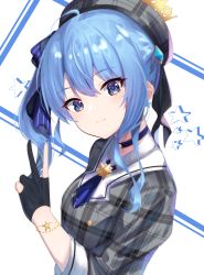 Rule 34 | 1girl, ahoge, beret, black gloves, blue bow, blue choker, blue eyes, blue hair, blue nails, blue neckwear, blush, bow, breasts, choker, closed mouth, collared shirt, gloves, grey hat, grey jacket, hair between eyes, hair bow, hat, highres, hololive, hoshimachi suisei, hoshimachi suisei (1st costume), jacket, kuki panda (wkdwnsgk13), long hair, long sleeves, looking at viewer, nail polish, partially fingerless gloves, plaid, plaid headwear, plaid jacket, shirt, side ponytail, sidelocks, small breasts, smile, solo, star (symbol), starry background, striped, striped bow, upper body, virtual youtuber, white background, white shirt