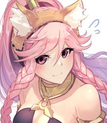 Rule 34 | 1girl, animal ears, bare shoulders, braid, breasts, cleavage, closed mouth, fake animal ears, fire emblem, fire emblem awakening, fire emblem heroes, fox ears, highres, long hair, nakabayashi zun, nintendo, olivia (fire emblem), pink eyes, pink hair, ponytail, portrait, side braid, simple background, smile, solo, twin braids, white background