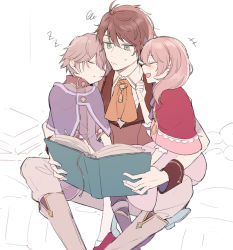 Rule 34 | 1girl, 2boys, akagami no shirayukihime, book, boots, brother and sister, brothers, brown hair, capelet, chiri (ch!), ascot, eugena shenazard, green eyes, multiple boys, open book, open mouth, pink hair, prince, princess, raji shenazard, reading, rona shenazard, siblings, sitting, sleeping, twins