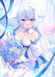 Rule 34 | 1girl, ahoge, balloon, bare shoulders, blue flower, blue nails, blue ribbon, blue sash, blush, bouquet, collar, detached collar, dress, fang, feet out of frame, flower, frilled collar, frilled dress, frills, from above, garter straps, hair between eyes, hair flaps, hair ornament, hand on own chest, hand up, heart balloon, highres, holding, jacket, long hair, long sleeves, looking at viewer, mikaze oto, multicolored clothes, multicolored hair, multicolored jacket, nail polish, neck ribbon, off-shoulder jacket, off shoulder, open mouth, pink eyes, plaid, ribbon, rose, sash, short dress, skin fang, smile, solo, star (symbol), star hair ornament, strapless, strapless dress, streaked hair, thighhighs, tongue, two-tone jacket, uchuno yuru, very long hair, virtual youtuber, vocaloid, vsinger, white dress, white hair, white jacket, white thighhighs
