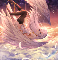 Rule 34 | 1girl, above clouds, absurdres, angel, angel wings, anklet, asymmetrical legwear, bare shoulders, black thighhighs, breasts, bridal gauntlets, chain, clothes between thighs, cloud, cloudy sky, commentary, crying, crying with eyes open, dress, earrings, english commentary, falling, feathered wings, feathers, floating hair, gradient sky, hair between eyes, highres, jewelry, large breasts, lkeris, long hair, looking at viewer, looking to the side, mismatched legwear, mixed-language commentary, original, parted lips, photoshop (medium), purple eyes, revealing clothes, shooting star, sideboob, sideless outfit, sidelocks, sky, solo, star (sky), starry sky, stirrup legwear, sunset, tears, thighhighs, thighs, toeless legwear, torn clothes, torn thighhighs, very long hair, white dress, white hair, wings