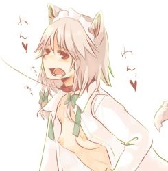 Rule 34 | 1girl, animal ears, braid, breasts, collar, female focus, izayoi sakuya, leash, nipples, open clothes, open mouth, open shirt, red eyes, shirt, short hair, silver hair, simple background, small breasts, solo, tail, takishima asaka, touhou, twin braids