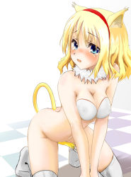 Rule 34 | 1girl, alice margatroid, all fours, animal ears, between legs, blonde hair, blue eyes, blush, breasts, cat ears, cat girl, cat tail, cleavage, dot r, female focus, female masturbation, fur, hairband, kemonomimi mode, masturbation, short hair, solo, tail, tail between legs, tail masturbation, tears, thighhighs, touhou