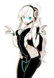 Rule 34 | 1girl, bodysuit, breasts, cleavage, hair ornament, headphones, ken (koala), long hair, looking at viewer, medium breasts, neon trim, open mouth, original, ponytail, simple background, skin tight, smile, solo, white background, wristband