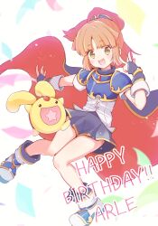 Rule 34 | 1girl, arle nadja, armor, blue armor, blue gloves, blue skirt, brown eyes, brown hair, cape, carbuncle (puyopuyo), character name, confetti, gloves, happy birthday, highres, jazz grace, long hair, looking at viewer, madou monogatari, open mouth, ponytail, puyopuyo, red cape, shirt, short sleeves, skirt, star in mouth, white footwear, white shirt