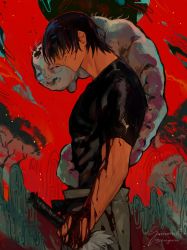 Rule 34 | 1boy, bad id, bad pixiv id, black hair, black shirt, bleeding, blood, blood on clothes, closed mouth, cowboy shot, dagger, fushiguro touji, grimm a, hair over eyes, highres, holding, holding dagger, holding knife, holding weapon, jujutsu kaisen, knife, male focus, monster, pants, red background, reverse grip, shirt, short hair, short sleeves, smile, solo, standing, twitter username, weapon, white pants