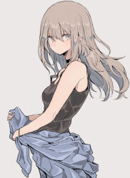 Rule 34 | 1girl, bare arms, bare shoulders, black choker, black tank top, blue jacket, breasts, choker, cleavage, closed mouth, clothes around waist, floating hair, from side, grey background, grey eyes, grey hair, hair between eyes, highres, hinomaru (futagun), jacket, jacket around waist, long hair, looking at viewer, looking to the side, original, simple background, small breasts, solo, tank top