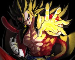 Rule 34 | bare pectorals, biceps, blue eyes, body fur, dragon ball, dragon ball heroes, earrings, energy, fighting stance, glowing, incoming attack, jewelry, monkey boy, monkey tail, pectorals, relio db318, smirk, spiked hair, super saiyan, super saiyan 4, tail, vegetto (xeno)