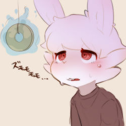 Rule 34 | 1boy, blush, brown sweater, furry, furry male, half-closed eyes, hypnosis, japanese text, male focus, mind control, open mouth, original, pants, pendulum, rabbit ears, red eyes, rilo0204, ringed eyes, simple background, sweat, sweater, teeth