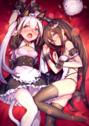 Rule 34 | 2girls, apron, arms up, blush, brown hair, closed mouth, destroyer (girls&#039; frontline), fang, fishnets, girls&#039; frontline, high heels, highres, judge (girls&#039; frontline), lens flare, long hair, looking to the side, lying, maid, multiple girls, on back, on side, open mouth, panties, pantyhose, sangvis ferri, shennai misha, silver hair, tail, thighhighs, twintails, underwear, wrist cuffs, yellow eyes