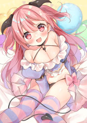 Rule 34 | 1girl, balloon, black panties, breasts, demon girl, demon tail, fang, gau (n00 shi), heart, heart balloon, highres, horns, large breasts, long hair, looking at viewer, navel, original, panties, pink eyes, pink hair, pink ribbon, pointy ears, ribbon, smile, solo, striped clothes, striped thighhighs, tail, thighhighs, twitter username, underwear