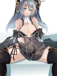 Rule 34 | 1girl, :d, absurdres, arm behind back, bare shoulders, black dress, black panties, black thighhighs, blue eyes, blue gemstone, blush, boots, breasts, clothes pull, date a live, detached collar, dress, dress pull, gem, grey hair, habit, hand on own stomach, highres, honjou nia, looking at viewer, midriff, naughty face, navel, no bra, nun, open mouth, panties, revealing clothes, see-through, see-through dress, short hair, side-tie panties, sitting, small breasts, smile, solo, spread legs, teasing, thigh boots, thighhighs, underwear, yuki kuro 96