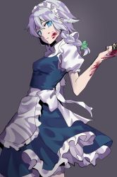 Rule 34 | 1girl, apron, between fingers, blood, blood on face, blood on hands, blue dress, blue eyes, bow, braid, breasts, commentary request, cowboy shot, dress, frilled apron, frills, green bow, grey background, hair between eyes, hair bow, hand up, head tilt, highres, holding, holding knife, izayoi sakuya, knife, knives between fingers, maid, maid apron, maid headdress, petticoat, puffy short sleeves, puffy sleeves, shirt, short hair, short sleeves, silver hair, simple background, small breasts, solo, standing, touhou, vippest, waist apron, white apron, white shirt