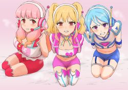 Rule 34 | 3girls, bike shorts, blonde hair, blue hair, blue shorts, blush, breasts, choker, cleavage, clenched teeth, copyright request, flat chest, gradient hair, half-closed eyes, headphones, headset, highres, kneeling, large breasts, looking at viewer, microphone, midriff, multicolored hair, multiple girls, navel, osame, pink background, pink hair, pink shorts, purple choker, purple eyes, red eyes, red legwear, red shorts, restrained, robot ears, sanpaku, shirt, shorts, sweat, teeth, thighhighs, twintails, white legwear, white shirt