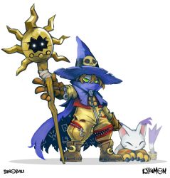 Rule 34 | cat, crescent moon, digimon, gloves, hat, highres, holy ring, moon, skull, staff, tailmon, wizard, wizard hat, wizarmon
