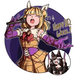 Rule 34 | 2girls, adapted costume, animal ears, blonde hair, brooch, brown hair, corset, crying, double bun, elbow gloves, english text, closed eyes, frilled gloves, frills, gloves, glowstick, happy birthday, holding, holding microphone, imaizumi kagerou, inset, jewelry, joutouguu mayumi, mefomefo, microphone, multiple girls, music, purple gloves, round teeth, short hair, singing, tears, teeth, touhou, wolf ears