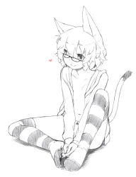Rule 34 | 1girl, animal ears, cat ears, cat tail, feet, flat chest, glasses, hands on feet, heart, hood, hoodie, majima yuki, monochrome, no shoes, open clothes, open shirt, original, panties, shirt, short hair, simple background, smile, solo, striped clothes, striped thighhighs, tail, thighhighs, underwear, white background