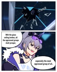 Rule 34 | 1girl, 2koma, batman (series), batman beyond, bow, broken glass, comic, commentary, crossed bangs, english commentary, english text, fur-trimmed jacket, fur trim, glass, glass shards, goggles, goggles on head, grey hair, hair bow, high ponytail, highres, honkai: star rail, honkai (series), jacket, long hair, open mouth, rewuyuu, silver wolf (honkai: star rail), sky, solo, speech bubble, star (sky), starry sky, teeth, upper teeth only
