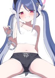 Rule 34 | 1girl, 1other, antenna hair, bitseon, black shorts, blue archive, blue hair, blue hat, blush, breasts, camisole, cuffs, dolphin shorts, fubuki (blue archive), girl on top, grey hair, grin, hair ornament, halo, hat, heart, heart hair ornament, highres, long hair, looking at viewer, peaked cap, pink halo, red eyes, shackles, shorts, simple background, small breasts, smile, solo focus, twintails, white background, white camisole