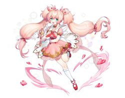 Rule 34 | 1girl, antenna hair, aqua eyes, dress, earrings, full body, gloves, heart, heart earrings, highres, jewelry, leg up, long hair, low-tied long hair, magical girl, noixen, open mouth, original, pink dress, pink hair, pink theme, puffy sleeves, quad tails, smile, white gloves