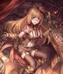 Rule 34 | 1girl, :d, absurdres, bad id, bad pixiv id, belt, blonde hair, blue eyes, boots, box, breasts, brown-framed eyewear, brown shorts, brown thighhighs, brown vest, collared shirt, curtains, desk, doll, floating hair, glasses, hat, highres, holding, knee boots, large breasts, long hair, looking at viewer, necktie, open mouth, original, outstretched arms, red hat, red necktie, shichigatsu, shirt, short necktie, short sleeves, shorts, sitting, smile, solo, spread arms, stool, thighhighs, vambraces, vest, vial, white shirt, wing collar