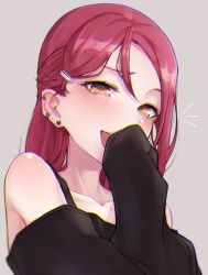 Rule 34 | ^^^, 1girl, :d, bare shoulders, black sweater, blush, bra strap, collarbone, ear piercing, grey background, hair ornament, hairclip, hand up, laughing, long hair, long sleeves, looking at viewer, love live!, love live! sunshine!!, nasuno (nasuno42), off-shoulder sweater, off shoulder, open mouth, orange eyes, piercing, red hair, sakurauchi riko, simple background, sleeves past fingers, sleeves past wrists, smile, solo, sweater