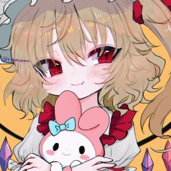 Rule 34 | 1girl, blonde hair, blush, crystal wings, flandre scarlet, hair ribbon, highres, my melody, onegai my melody, red eyes, red ribbon, renakobonb, ribbon, sanrio, side ponytail, simple background, smile, solo, touhou, upper body, white mob cap, yellow background