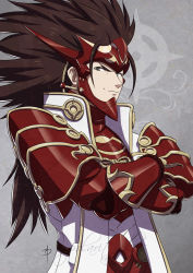 Rule 34 | 1boy, armor, artist name, brown eyes, brown hair, crossed arms, fire emblem, fire emblem fates, gloves, grey background, long hair, male focus, manly, nintendo, polarityplus, ryoma (fire emblem), solo