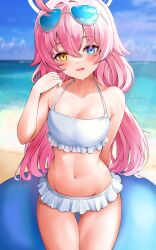 Rule 34 | 1girl, absurdres, arm behind back, beach, bikini, bikini skirt, blue archive, blue eyes, blue sky, blush, breasts, commentary, cowboy shot, day, eyewear on head, fang, frilled bikini, frills, heterochromia, highres, hoshino (blue archive), hoshino (swimsuit) (blue archive), lds (dstwins97), light smile, looking at viewer, navel, ocean, official alternate costume, open mouth, outdoors, pink hair, sky, small breasts, solo, stomach, sunglasses, swimsuit, water, wet, wet hair, white bikini, yellow eyes
