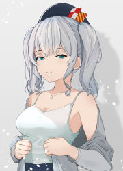 Rule 34 | 1girl, absurdres, anchor, anchor necklace, bare shoulders, beret, black hat, blue eyes, breasts, camisole, hat, highres, inor2i, jewelry, kantai collection, kashima (kancolle), large breasts, long hair, looking at viewer, necklace, sidelocks, silver hair, smile, solo, tsurime, twintails, wavy hair, white camisole