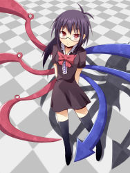 Rule 34 | 1girl, alternate hairstyle, arms behind back, asymmetrical wings, bespectacled, black hair, black thighhighs, checkered floor, efe, face, female focus, glasses, houjuu nue, red eyes, solo, thighhighs, touhou, wings
