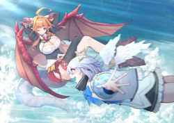 Rule 34 | 2girls, above clouds, ahoge, amane kanata, arms behind head, black thighhighs, blonde hair, blue bow, blue sky, bow, bowtie, breasts, brooch, cleavage cutout, clothing cutout, cloud, commentary request, crossed legs, day, dragon girl, dragon tail, dragon wings, flying, halo, highres, hololive, horn bow, horn ornament, horns, huge ahoge, jewelry, kiryu coco, kiryu coco (1st costume), large breasts, long hair, mikan (chipstar182), multicolored hair, multiple girls, one eye closed, orange hair, outstretched arms, pointy ears, red eyes, short hair, silver hair, single thighhigh, sky, streaked hair, tail, thighhighs, virtual youtuber, white wings, wings