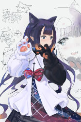 Rule 34 | 3girls, animal ear fluff, animal ears, animal hands, asymmetrical gloves, black gloves, blue eyes, blunt bangs, bow, cat ears, cat girl, cat tail, dress, extra ears, facial mark, gawr gura, gloves, hands up, highres, hololive, hololive english, long hair, looking away, mismatched gloves, mole, mole under eye, multicolored clothes, multicolored dress, multicolored hair, multiple girls, ninomae ina&#039;nis, ninomae ina&#039;nis (party dress), nyan, open mouth, orange hair, paw gloves, pointy ears, purple hair, red bow, simple background, streaked hair, tail, takanashi kiara, tallgeese (lgeesel), twintails, very long hair, virtual youtuber, whisker markings, white background, white dress, white gloves