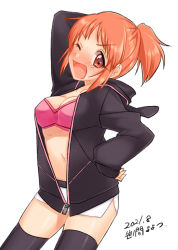Rule 34 | 1girl, abe nana, arm behind head, arm up, artist name, black jacket, black thighhighs, blush, breasts, dated, high ponytail, idolmaster, idolmaster cinderella girls, jacket, large breasts, looking at viewer, microskirt, navel, one eye closed, open mouth, orange hair, partially unzipped, red eyes, short hair, short ponytail, simple background, skirt, smile, solo, thighhighs, white background, white skirt, yoyotu