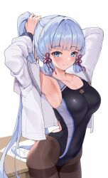 Rule 34 | 1girl, against table, armpits, ayaka (genshin impact), blue eyes, blue hair, blush, breasts, brown pantyhose, chinese knot, competition swimsuit, cowboy shot, genshin impact, highleg, highres, long hair, looking at viewer, matrix16, medium breasts, one-piece swimsuit, open clothes, open shirt, pantyhose, pantyhose under swimsuit, ponytail, sideboob, sidelocks, simple background, smile, solo, swimsuit, tying hair, white background