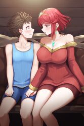 Rule 34 | 1boy, 1girl, absurdres, blush, breast press, breasts, brown hair, chest jewel, couple, earrings, eye contact, face-to-face, gem, headpiece, hetero, highres, imminent kiss, jewelry, large breasts, looking at another, pyra (xenoblade), red eyes, red hair, rex (xenoblade), short hair, shorts, sweatdrop, swept bangs, taro (peach taro51), tiara, xenoblade chronicles (series), xenoblade chronicles 2