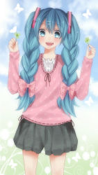 Rule 34 | 1girl, :d, alternate hairstyle, bad id, bad pixiv id, blue eyes, blue hair, blush, bow, braid, bug, butterfly, cloud, clover, day, four-leaf clover, hair bow, hair over shoulder, hatsune miku, hinamu, bug, long hair, matching hair/eyes, open mouth, sky, smile, solo, twin braids, twintails, vocaloid