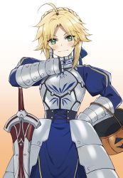 Rule 34 | 1girl, absurdres, ahoge, armor, armored dress, artoria pendragon (all), artoria pendragon (fate), blonde hair, blue ribbon, blush, braid, braided bun, clarent (fate), closed mouth, commentary request, cosplay, cowboy shot, fake ahoge, fate/apocrypha, fate/grand order, fate/stay night, fate (series), gauntlets, gradient background, green eyes, hair bun, hair ribbon, halloween, halloween bucket, halloween costume, hand on own chin, hand on own hip, head tilt, highres, juliet sleeves, long sleeves, looking at viewer, medium hair, mordred (fate), mordred (fate/apocrypha), parted bangs, puffy sleeves, ribbon, saber (fate), saber (fate) (cosplay), sidelocks, simple background, single hair bun, smile, smug, solo, standing, sword, thinking, tonee, trick or treat, weapon