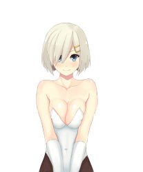 Rule 34 | 10s, 1girl, alternate costume, atg (wttoo0202), bad id, bad pixiv id, bare shoulders, blonde hair, blue eyes, blush, breasts, breasts squeezed together, cleavage, covered erect nipples, covered navel, elbow gloves, gloves, hair ornament, hair over one eye, hairclip, hamakaze (kancolle), kantai collection, large breasts, leotard, looking at viewer, pantyhose, personification, playboy bunny, shiny skin, short hair, simple background, smile, solo, v arms, white background, white gloves