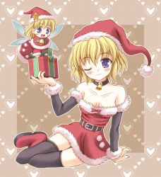 Rule 34 | 1girl, :d, ;), alice margatroid, alternate costume, arm support, artist request, bare shoulders, bell, belt, black thighhighs, blonde hair, blush, boots, breasts, capelet, choker, christmas, cleavage, collarbone, detached sleeves, doll, dress, fairy wings, female focus, flying, gift, grey background, hat, head tilt, heart, hip focus, holding, holding gift, legs, looking at viewer, matching shanghai, no bra, one eye closed, open mouth, purple eyes, red skirt, ribbon, santa costume, santa hat, shanghai doll, short hair, sitting, skindentation, skirt, smile, solo, star (symbol), strapless, strapless dress, thighhighs, touhou, wings, wink, yokozuwari, yomogi fumika, zettai ryouiki