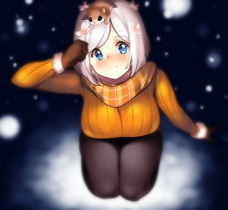 Rule 34 | 1girl, blue eyes, breasts, dskn, female focus, gloves, gradient background, huge breasts, looking at viewer, original, seiza, sitting, snow, snowing, solo, sweater, white hair