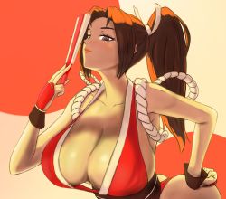 Rule 34 | 1girl, absurdres, breasts, brown hair, fatal fury, gigantic breasts, highres, ponytail, shiranui mai, solo
