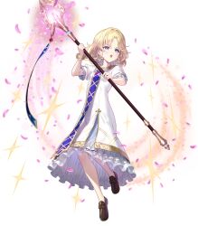 Rule 34 | 1girl, attack, blonde hair, blue eyes, bracelet, child, dress, fire emblem, fire emblem: mystery of the emblem, fire emblem heroes, highres, holding, holding staff, jewelry, long dress, necklace, nintendo, non-web source, official art, open mouth, short hair, solo, sparkle, staff, v-shaped eyebrows, white dress, yuliya (fire emblem)