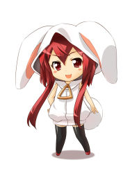 Rule 34 | 1girl, animal hood, black thighhighs, chibi, highres, hood, iga tamaki, long hair, looking at viewer, open mouth, original, rabbit hood, red eyes, red hair, simple background, smile, solo, thighhighs, white background